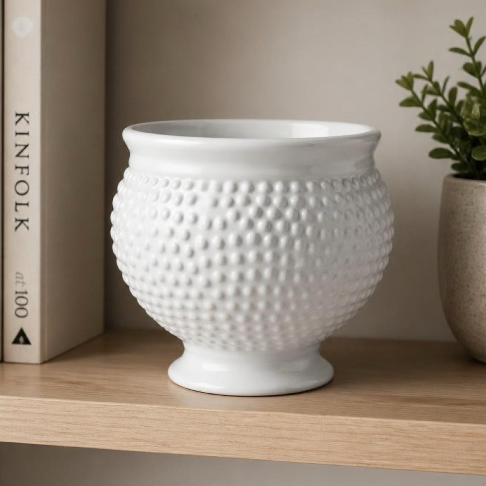 White Ceramic Hobnail Planter Pot Pedestal Base Textured Boho Decor